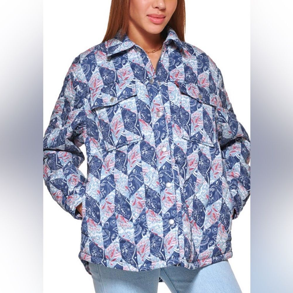 Levi's Women's Quilted Shirt Jacket Shacket Navy Red Patchwork Extra Large NWT
